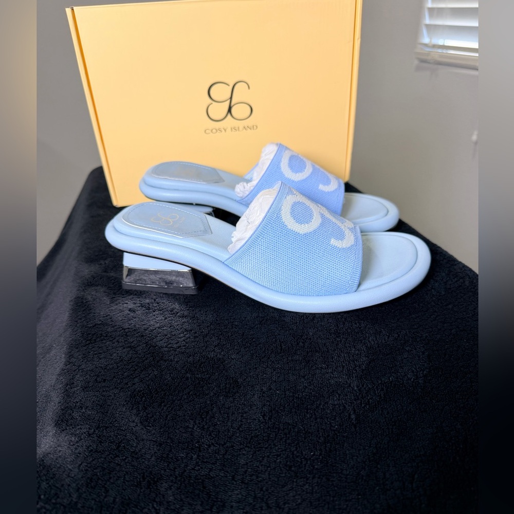 Cosy Island Light Blue Knit Logo Slide Sandals - Picture 3 of 6